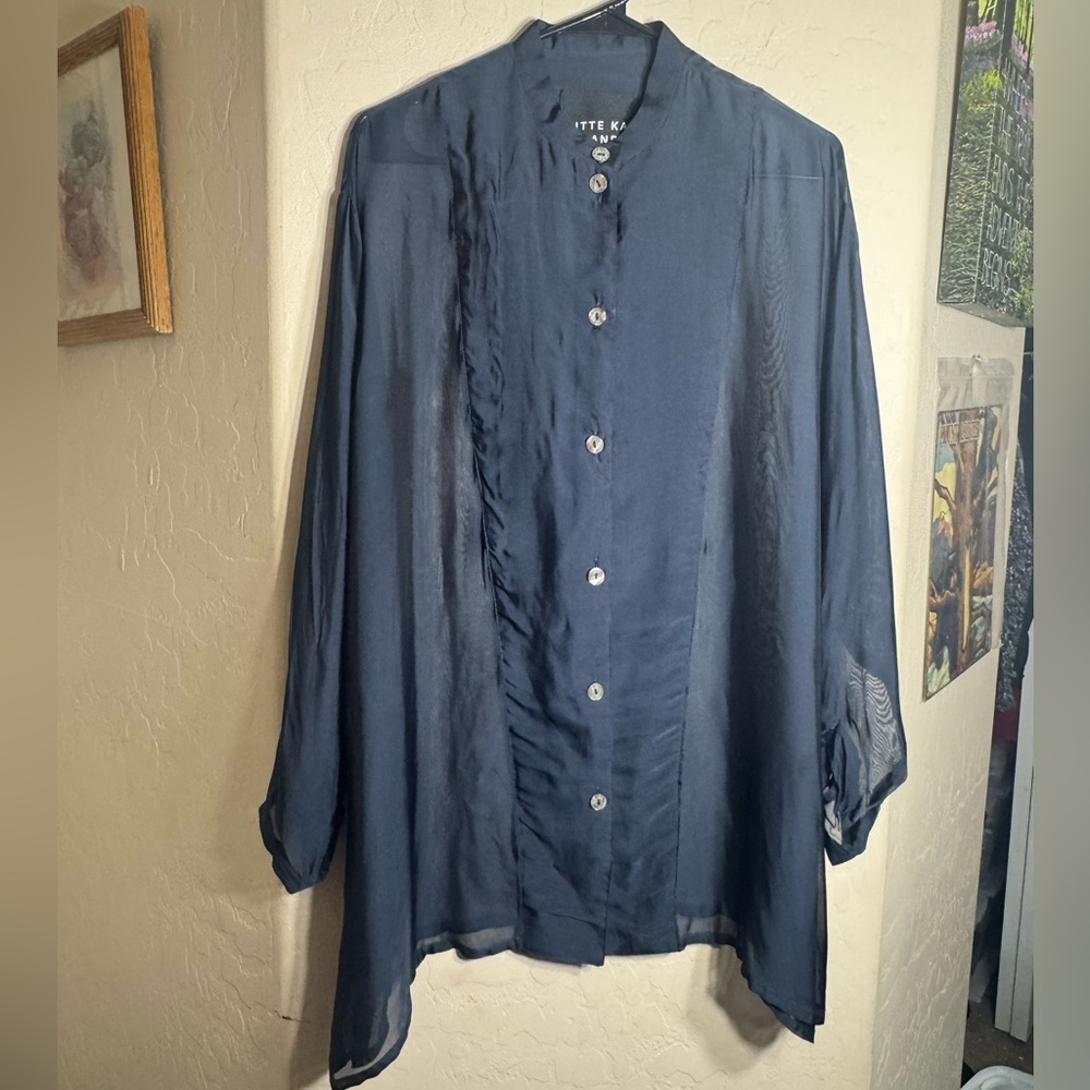 Bitte Kai Rand Black Silk Blend Button Up Shirt M Sheer Sleeve Asymmetrical Hem